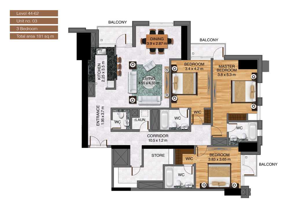 Level-44-62,Unit-no-3-,3-Bedroom-,Size-181-Sq m